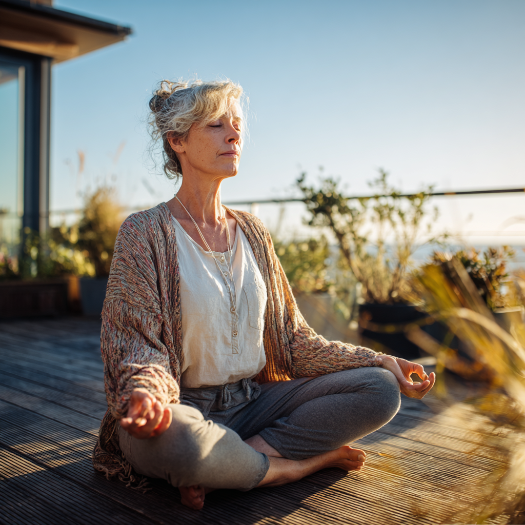 Жінка 52 років медитує в позі лотоса на терасі з видом на природу, демонструє внутрішній спокій та зосередженість