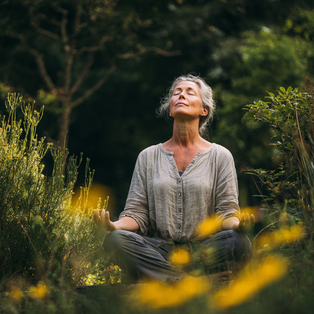 Жінка 55 років в позі лотоса медитує на природі серед зелені, виражає внутрішній спокій та гармонію