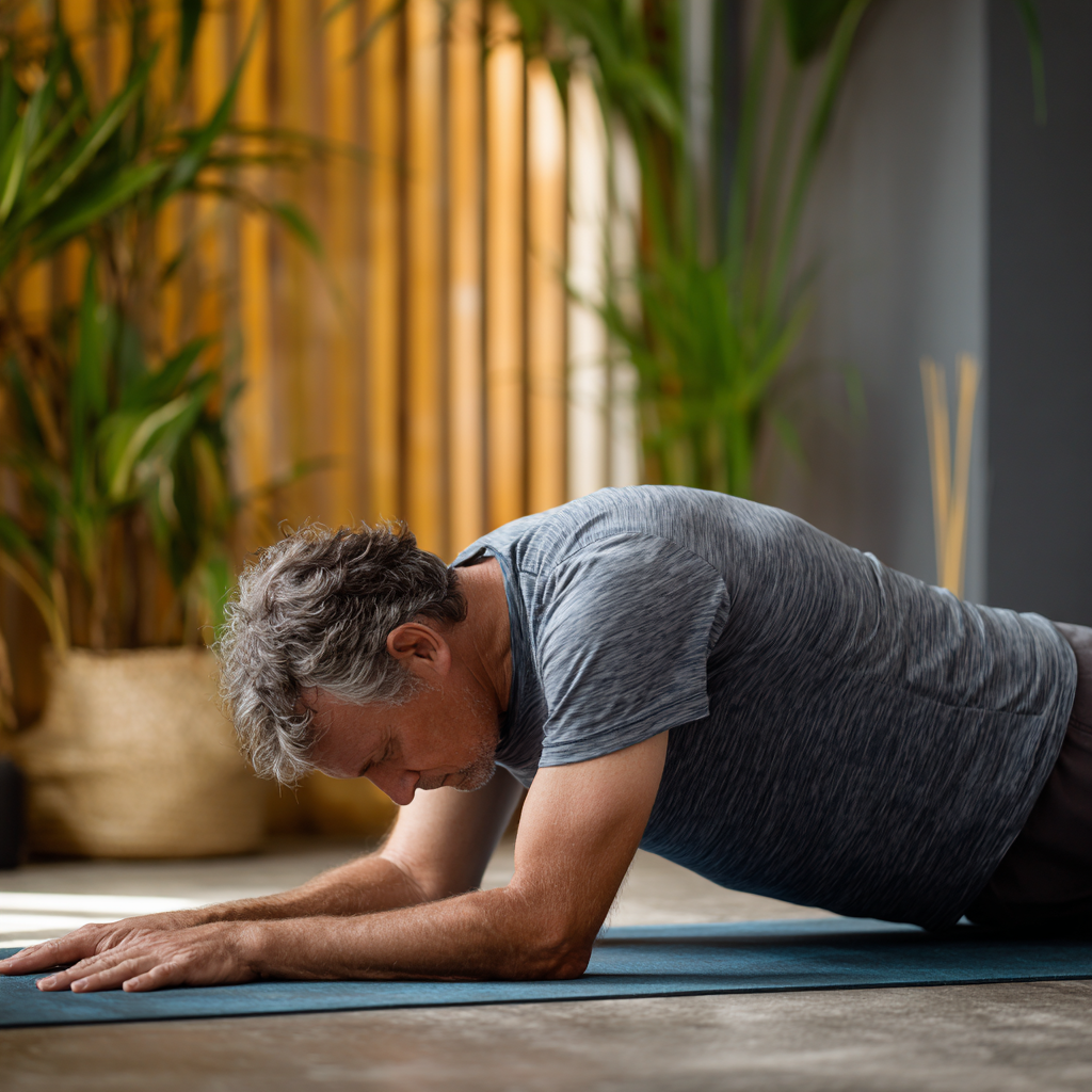 Чоловік 58 років виконує просту асану в йога-студії, демонструє правильну техніку для початківців